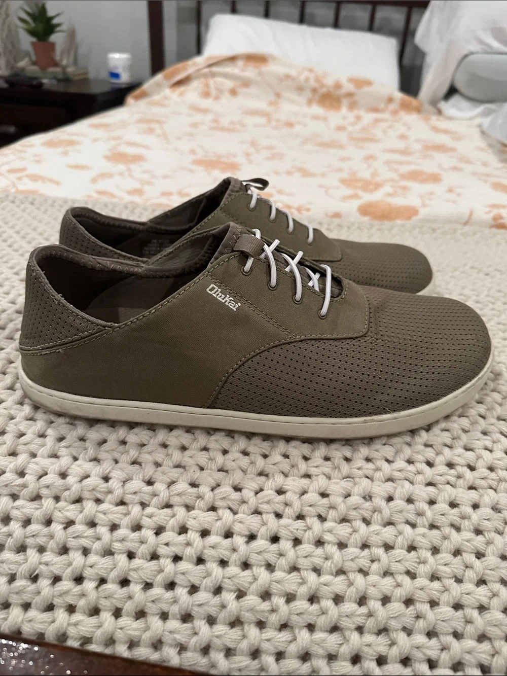 OluKai Men's Olive Perforated Canvas Boat Shoes with White Laces